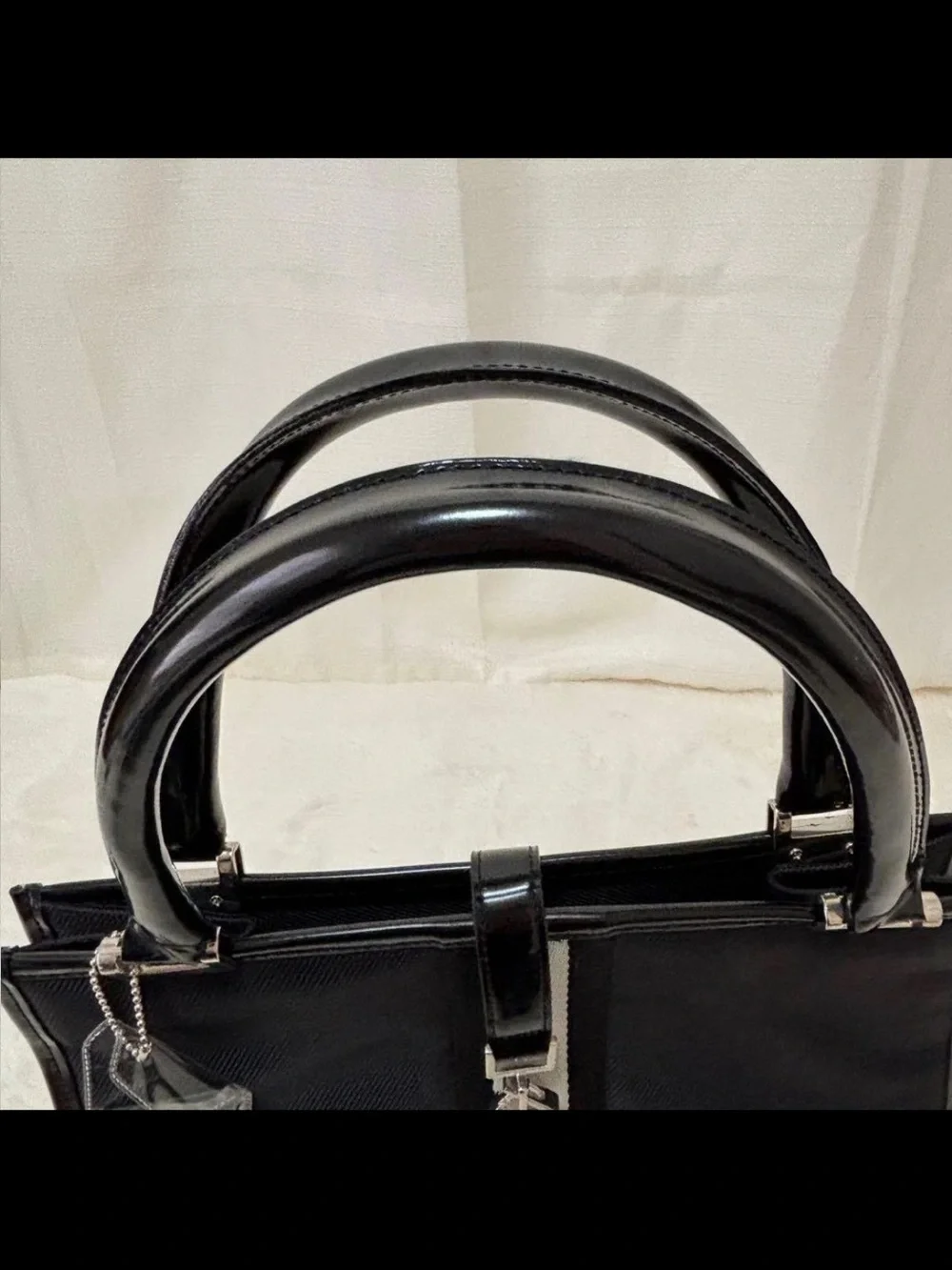Paolo Gucci Black Structured Satchel with Center Stripe and Silver Accents
